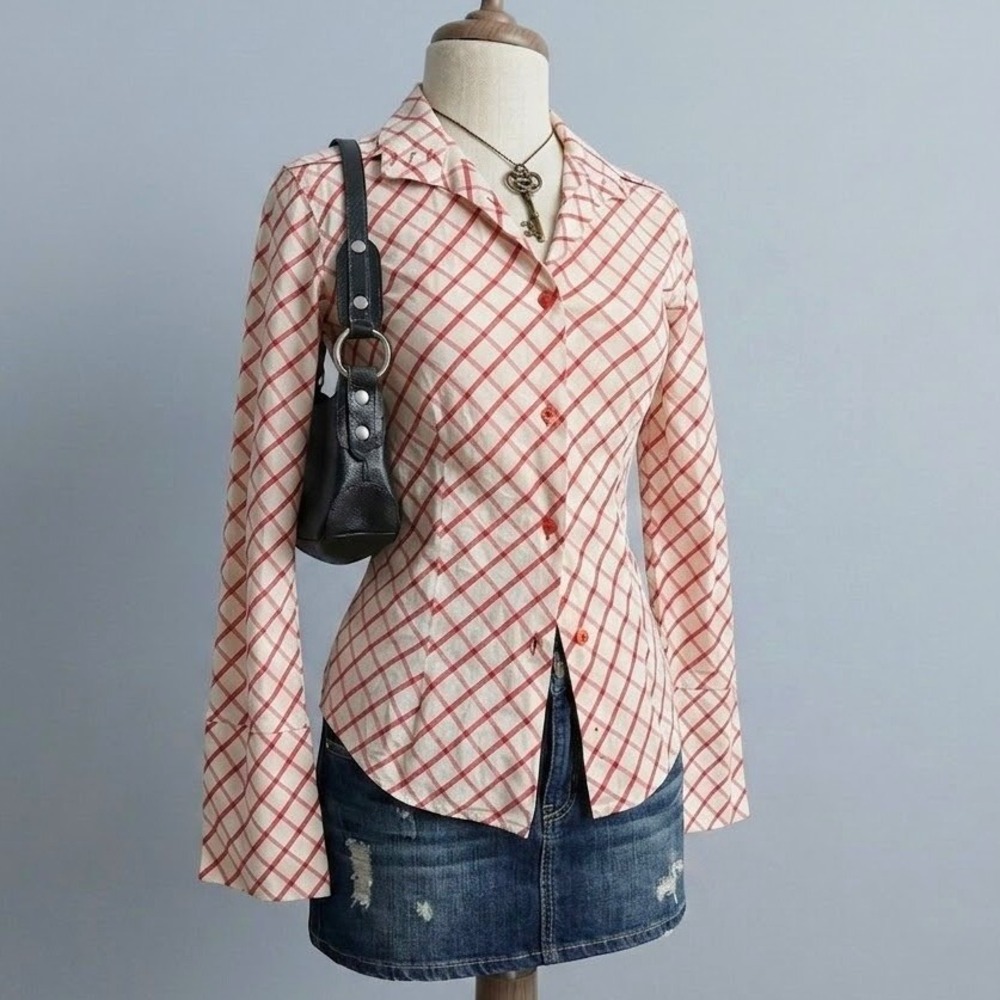 Button Down Shirt Flared Cuff Small Fitted Office Siren Preppy Coquette